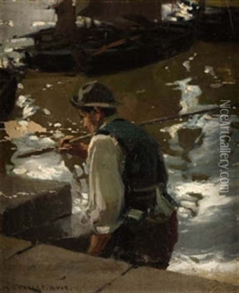 Pescador En El Muelle Oil Painting - Enrique Martinez Cubells y Ruiz