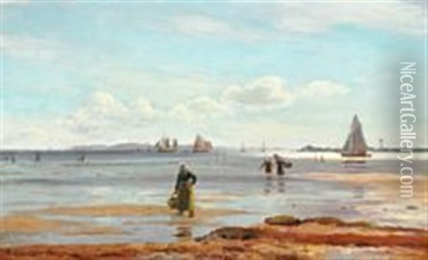 Collecting Mussels At The Beach, In The Background Numerous Sailing Ships Oil Painting - Holger Luebbers