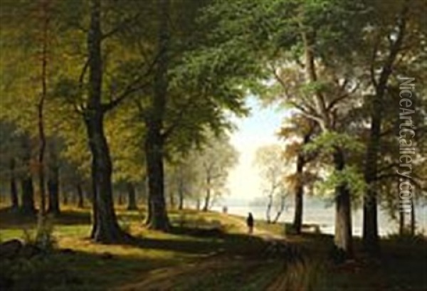 Forest Scape With People Strolling Along The Lakeside Oil Painting - Jacobus Johannes Van Poorten