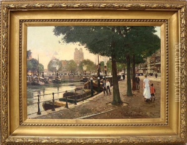 Ansicht Eines Belebten Kanallaufs In Dordrecht Mit Blick Auf Die Grote Kerk Oil Painting - Heinrich Hermanns