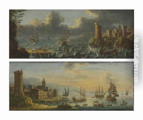 A Capriccio View With A Galleon And Various Vessels At Sunset; And A Rocky Inlet With Ships In Stormy Waters, A Shipwreck In The Foreground Oil Painting - Charles-Leopold Grevenbroeck