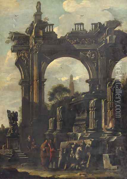 An architectural 'capriccio' with ancient ruins and two figures discussing a bass relief Oil Painting - Giovanni Ghisolfi