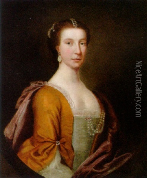 Portrait Of A Lady In A Yellow Dress With A Red Wrap, Pearls At Her Corsage Oil Painting - Allan Ramsay