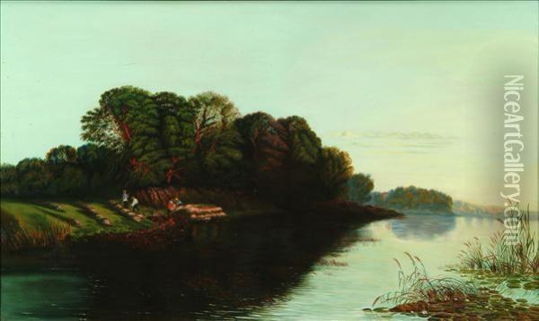 Haymakers On The Banks Of A River Oil Painting - Allan Keith