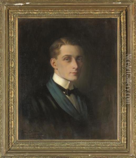 Portrait Of A Gentleman, Bust-length, In Evening Dress With A Smoking Jacket Oil Painting - Ernest Castelein