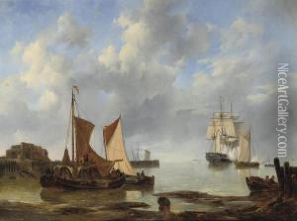 Shipping In An Estuary With A Three-master Saluting In Thedistance Oil Painting - Johannes Christian Schotel