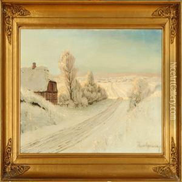 A Winter Landscape With A Thathced House Oil Painting - Hans Agersnap