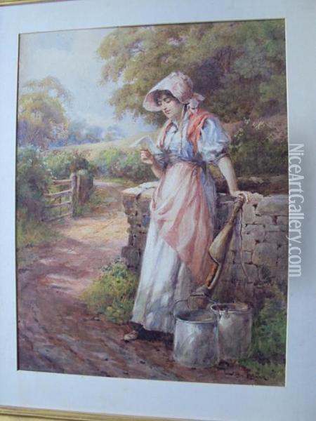 A Young Milkmaid Reading A Letter, Resting By A Wall On A County Path Oil Painting - Joshua Fisher