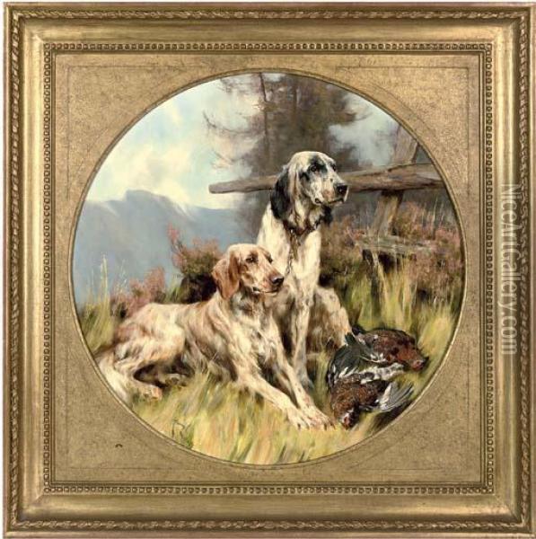 Setters Resting By A Brace Of Grouse Oil Painting - Arthur Wardle