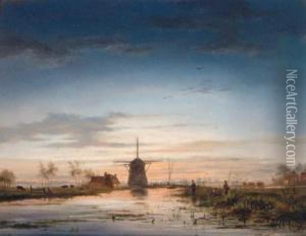 Anglers Beside A Canal With A Windmill Beyond Oil Painting - Jacobus Theodorus Abels