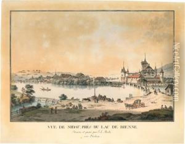 Vue De Nidaupres Du Lac De Bienne Oil Painting - Johann Ludwig Aberli