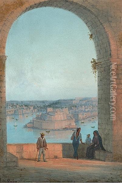 Fort St. Angelo From Valletta, Malta Oil Painting - Luigi Maria Galea