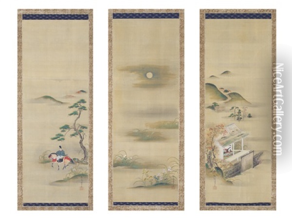 A Set Of Three Hanging Scrolls Oil Painting - Isen'in Naganobu Kano