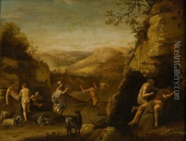 Erotische Szene Mit Feiernden Nymphen, Satyrn Und Faun Oil Painting - Cornelis Van Poelenburch