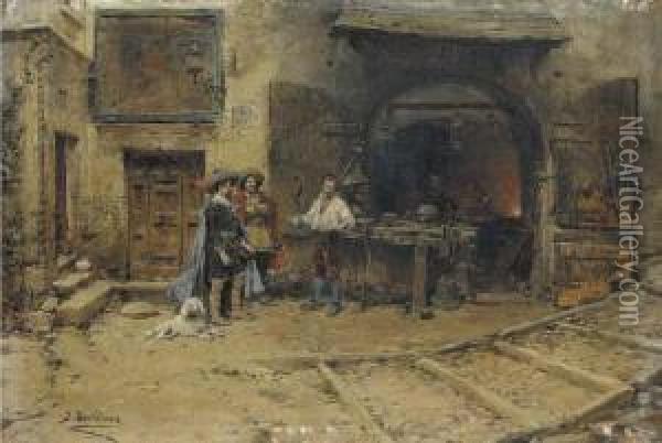 Outside The Blacksmiths Oil Painting - Jose Benlliure Y Gil