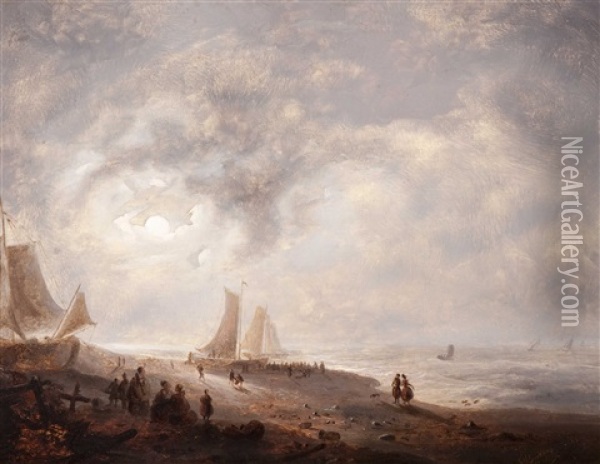 Moonlit View Of A Coastline Oil Painting - Ferdinand Hendrik Sijpkens