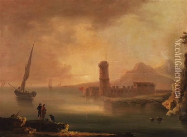 Mediterrane Kustenlandschaften Mit Segelschiff, Hafenanlage Und Anglern (+ Another; 2 Works) Oil Painting - Francesco Fidanza