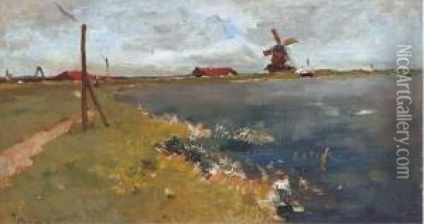 En Hollande: Windmill By The Waterside Oil Painting - Jacob Ritsema