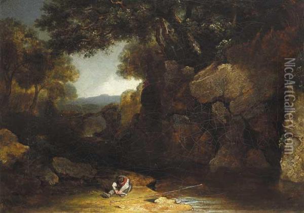 Figure Fishing By A Wooded Stream Oil Painting - James Arthur O'Connor