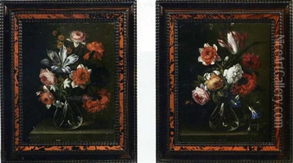 Nature Morte Au Vase De Fleurs Sur Un Entablement (+ Another, Similar; Pair) Oil Painting - Mario Nuzzi