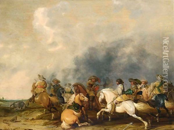 A Cavalry Battle Scene Oil Painting - Palamedes Palamedesz. (Stevaerts, Stevens)