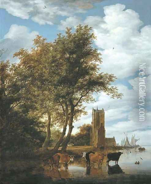 A river landscape with the Pellecussenpoort near Utrecht, five cattle wading in the foreground and boats moored at the tower beyond Oil Painting - Salomon van Ruysdael