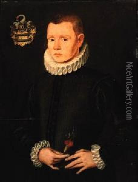 Portrait Of A Young Gentleman, Half-length, In A Black Slasheddoublet And A Ruff, Holding A Flower Oil Painting - Ludger Tom Ii Ring