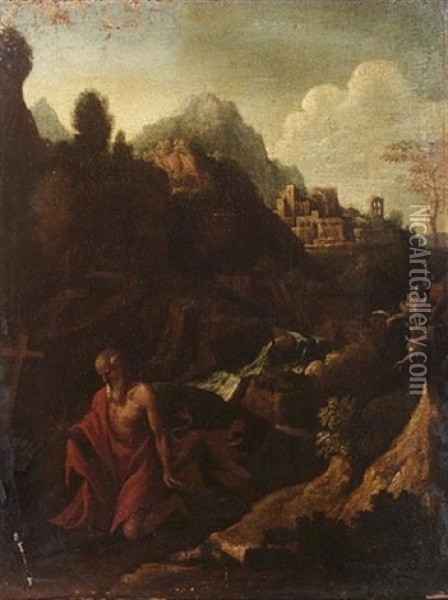 Saint Jerome In An Extensive Landscape, A Hilltop Village In The Distance Oil Painting - Girolamo Muziano