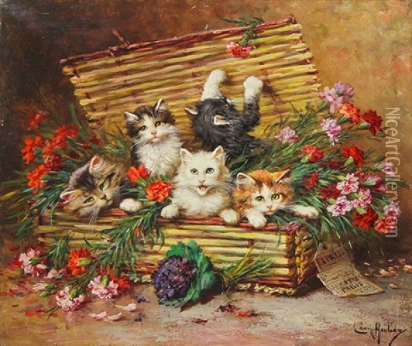 Kittens In A Basket Oil Painting - Leon Charles Huber