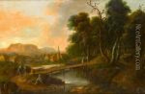 A Wooded River Landscape With Travellers On Abridge Oil Painting - Christian Georg Schuttz II