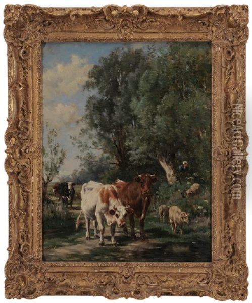 Cows And Sheep On A Path Oil Painting - Marie Dieterle
