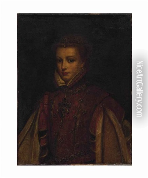 Portrait Of Elizabeth De Valois, Half-length, Wearing A Red Dress Oil Painting - Alonso Sanchez Coello