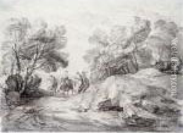 Wooded Landscape With Four Riders And Two Cows Oil Painting - Thomas Gainsborough