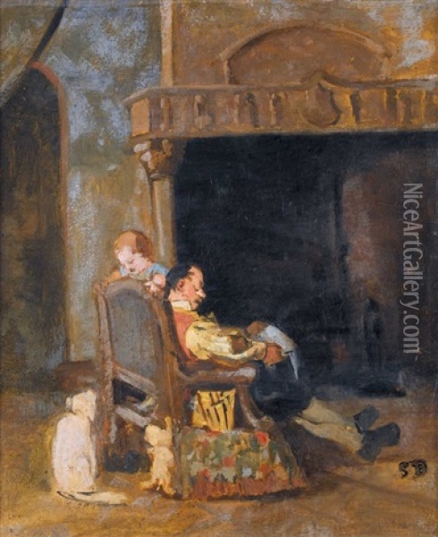 Herrschaftliches Interieur Mit Schlafendem Vater Oil Painting - Simon Durand