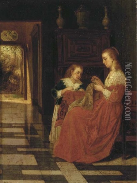 The Sewing Lesson Oil Painting - Frans Moormans