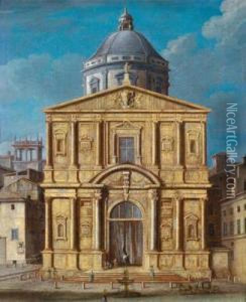 La Chiesa Di Santa Maria Della Scala In San Fedele In Milano Oliosu Tela Oil Painting - Francesco Battaglioli