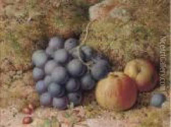 Still Life Of Grapes And An Apple On A Mossy Bank Oil Painting - William Hughes