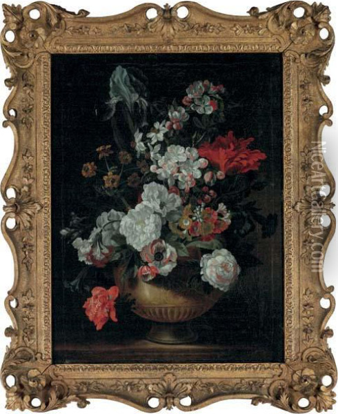Tulips, Roses, Carnations, An Iris And Other Flowers In An Urn On A Stone Ledge Oil Painting - Pieter III Casteels