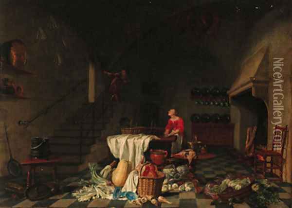 A kitchen with a maid preparing meat at a table Oil Painting - Hendrick Maertensz. Sorch (see Sorgh)