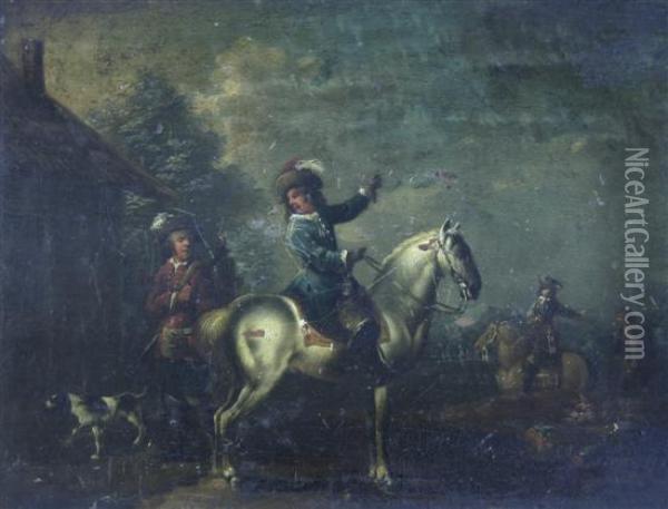 Equestrian Figures In Landscape Oil Painting - Pieter Wouwermans or Wouwerman