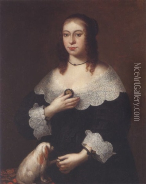 Portrait Of A Lady Wearing A Black Dress And Playing With A Dog Oil Painting - Hendrick Berckman