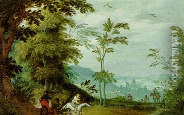 Wooded Landscape With Travellers On Horseback, A Town And Herd In A Meadow Beyond Oil Painting - Jasper van der Laanen