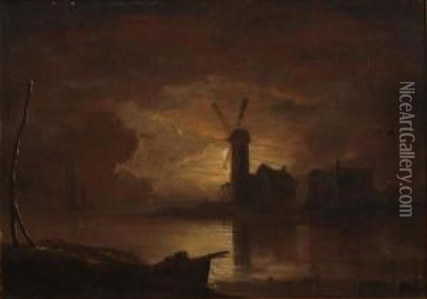 Exmouth Windmill Moonlight Oil Painting - John Wallace Tucker
