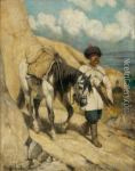 A Cosak Traveling On A Small Mountain Path On His Horse Oil Painting - Josef Anton, Tony Strassgschwandtner