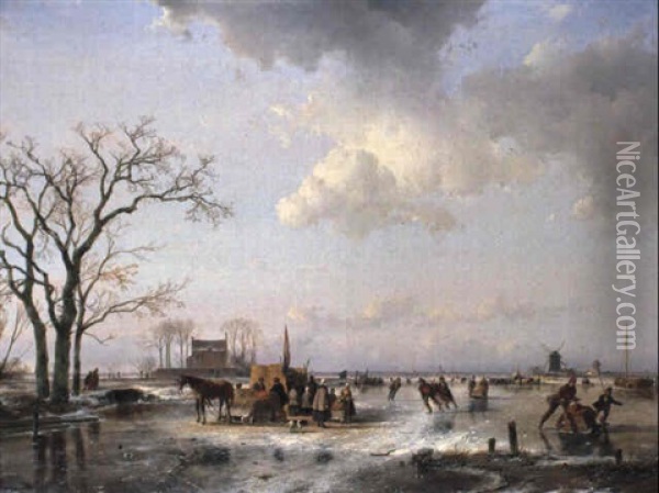 A Winter Landscape With Peasants And Skaters On Frozen Waterway Oil Painting - Andreas Schelfhout