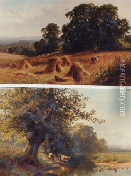 In The Corn Fields, Walton, Surrey, Looking Towards Dorking Oil Painting - Walter Wallor Caffyn