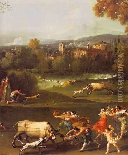 Bull-Hunting (detail) Oil Painting - Francesco Zuccarelli