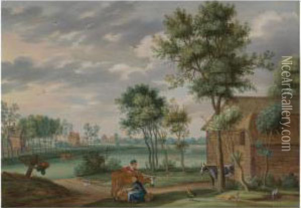A Farmyard With A Maid Milking A Cow, Extensive Flat Pasturesbeyond Oil Painting - Isaak van Oosten