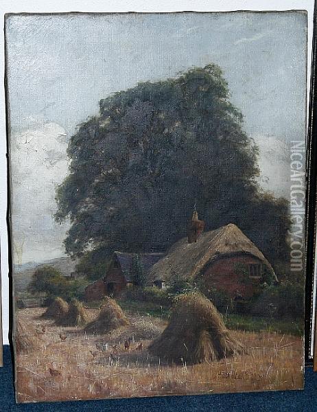 Thatched Cottage With Haystacks And Chickens Oil Painting - James Hey Davies