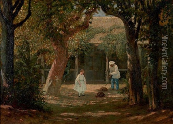Jeune Fille Et Son Serviteur Jouant Avec Des Tortues Dans Un Jardin Oil Painting - Adolphe M. Potement Martial